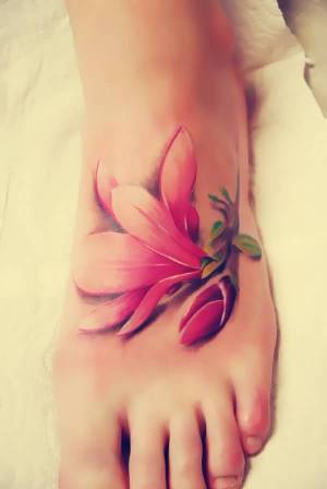 Most-Beautiful-3D-Look-Magnolia-Flower-Tattoo-On-Girl-Foot