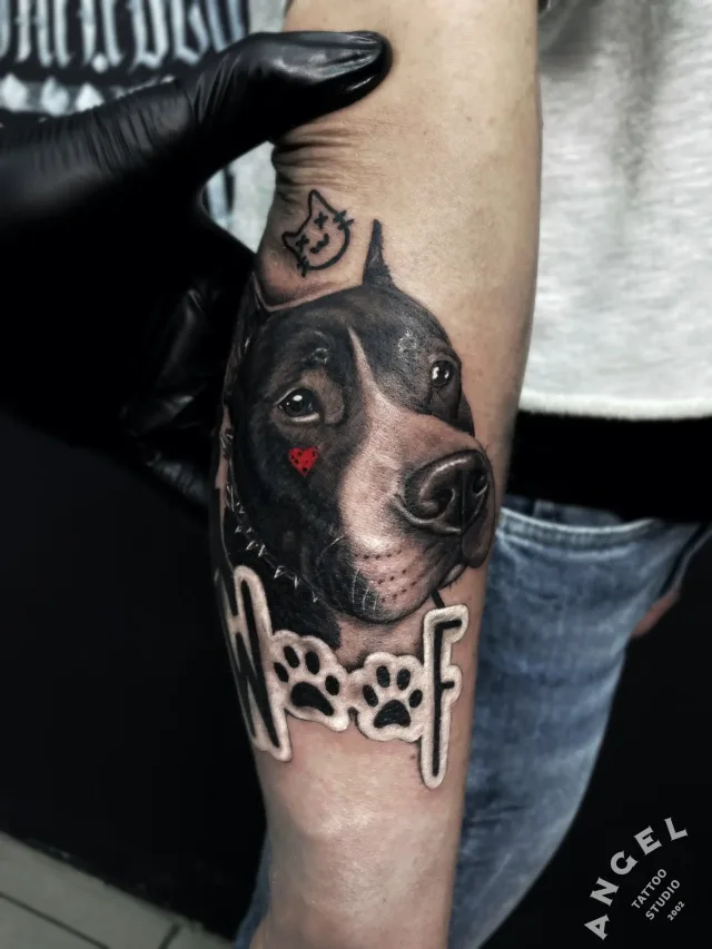 Реалистичный портрет амстаффа с надписью Woof