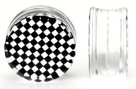Акриловый шахматный чёрно-белый плаг / Checkerboard black/white double flare plug