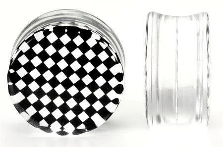 Акриловый шахматный чёрно-белый плаг / Checkerboard black/white double flare plug